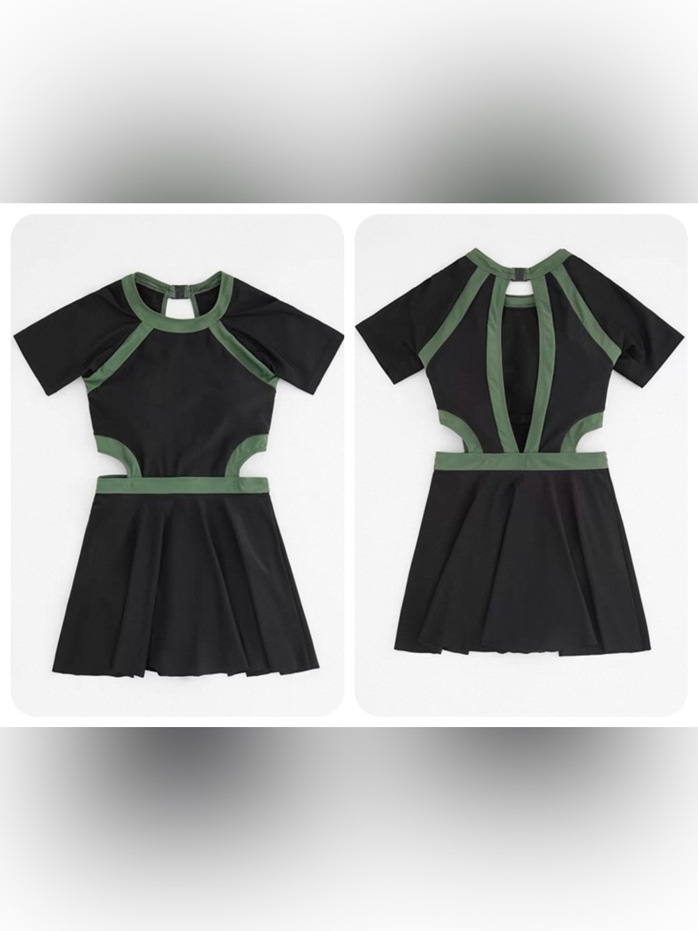 Woman’s Black Fit-and-Flare swimwear with Olive Green Trim